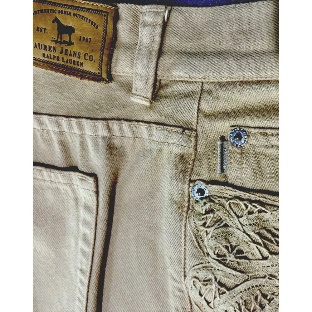Y2K LAUREN Jeans Co 10 Sand Battenburg Lace Trim Pants Bootcut Leg Jeans Romance